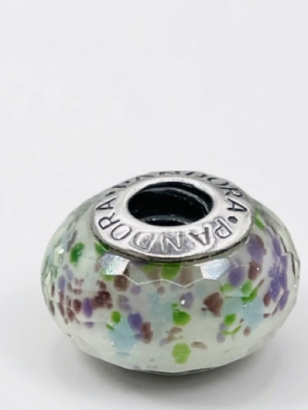 Pandora Iridescent White Glass Bead with Green & Purple Flecks